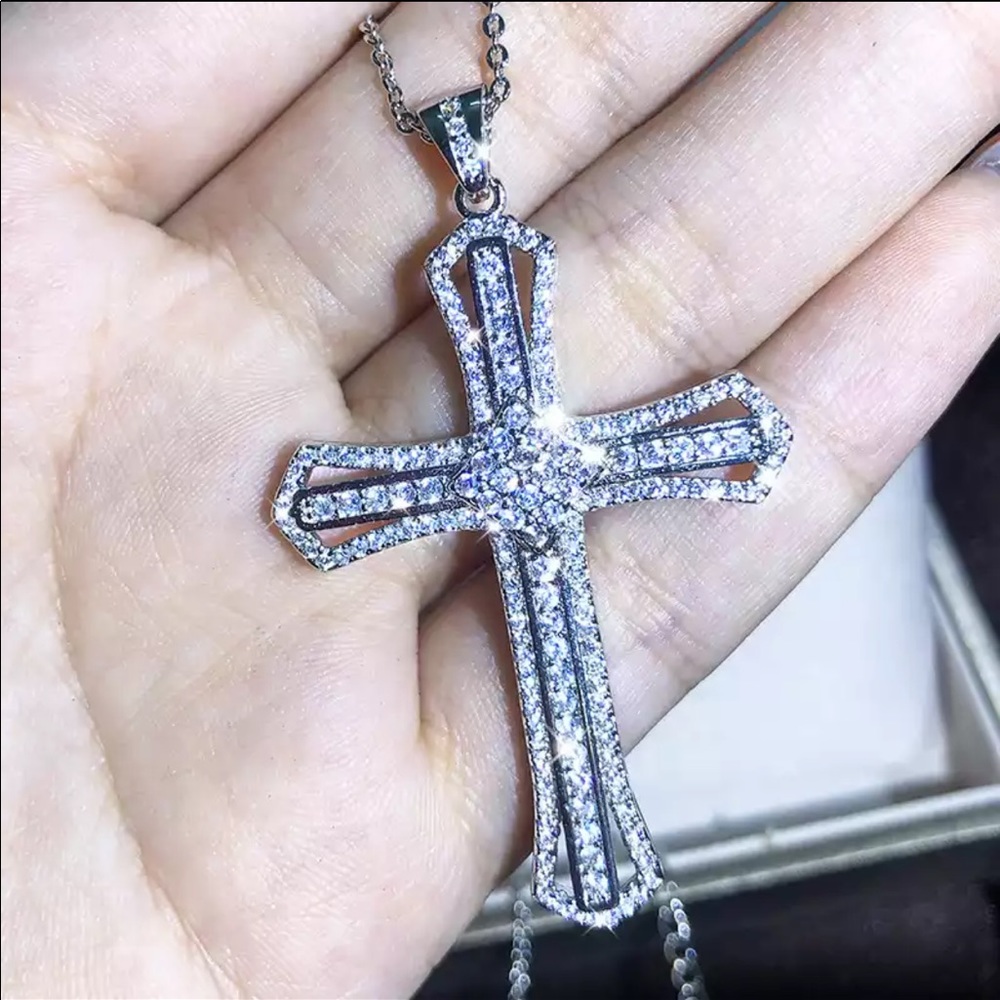 New Men Women 925 Silver Cross Diamond Necklace - Picture 3 of 7